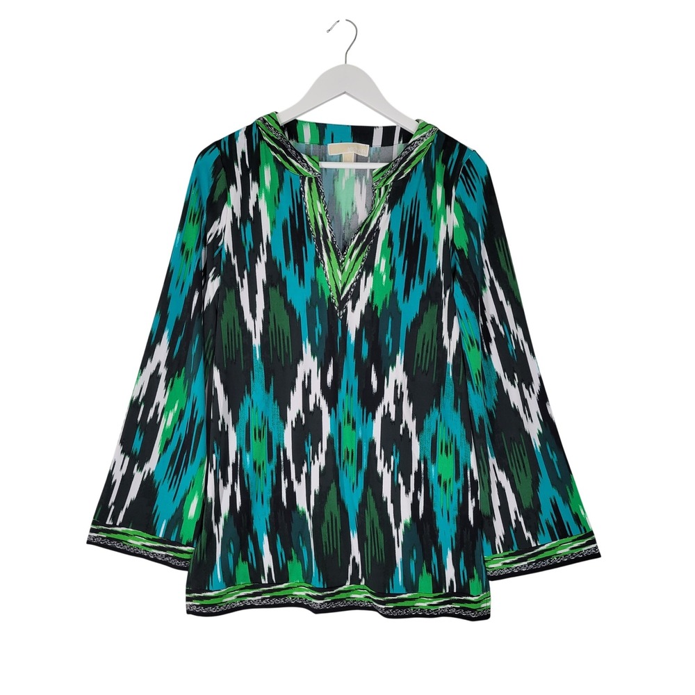 Michael Michael Kors Tunic Top Sz Medium Green Ikat Abstract Split Neck Blouse